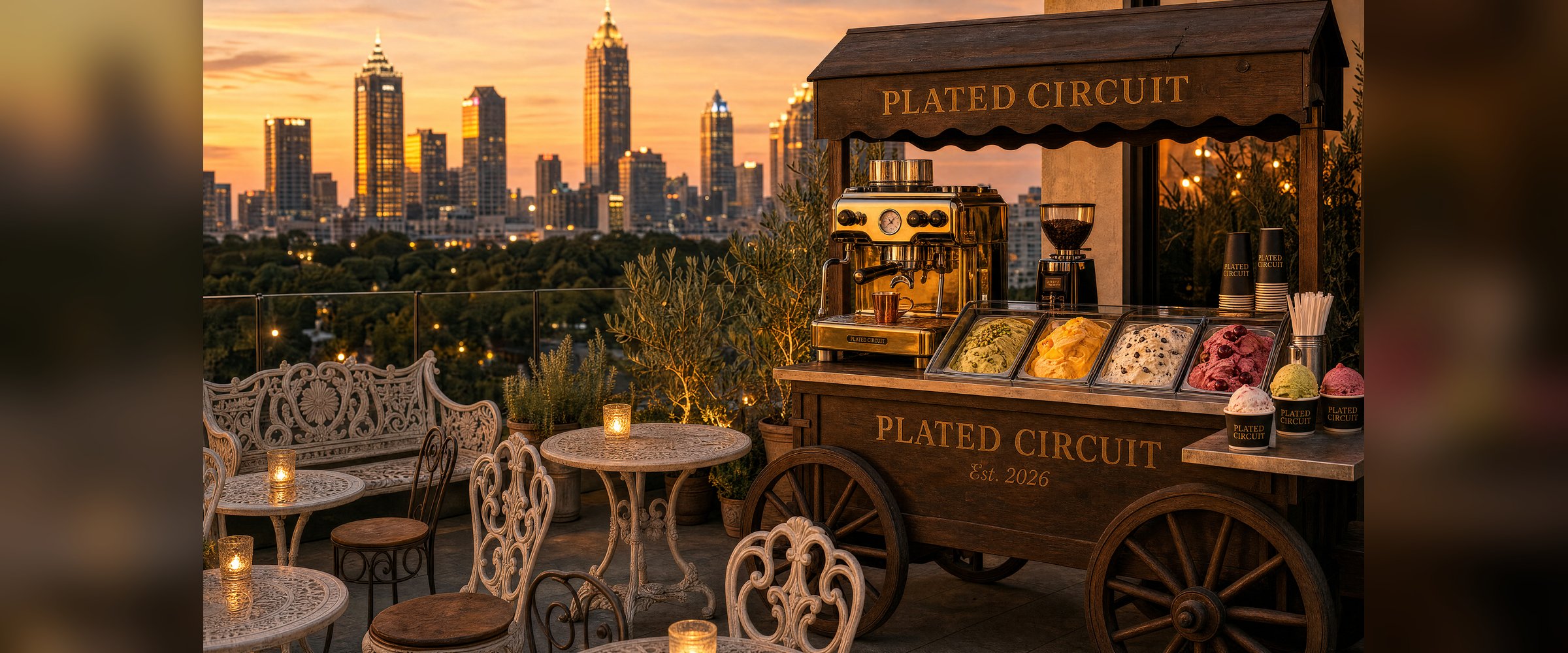 Plated Circuit gelato cart on the 14F outdoor terrace at golden hour with the Atlanta skyline · India + Italy + USA finale + VIP Lounge