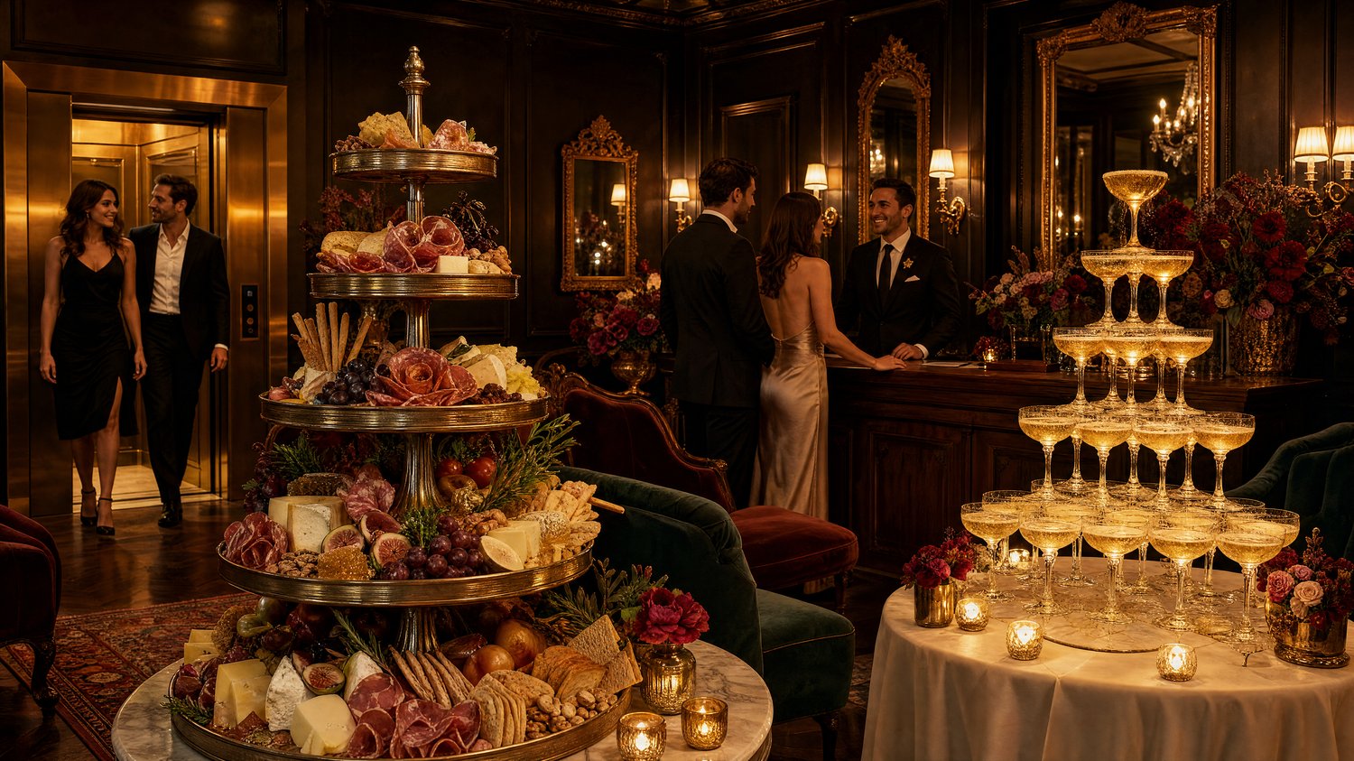 Arrival by private elevator into the welcome lounge — champagne tower and charcuterie tower. 15F entry