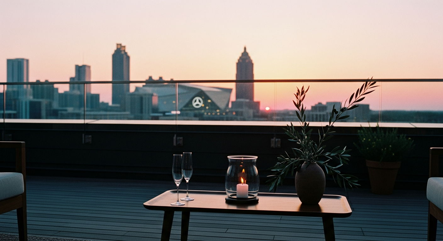 16F private rooftop helipad &middot; Atlanta skyline at golden hour &middot; VIP-only